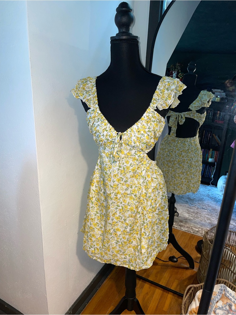 Yellow Floral Mini Dress With Tie Bow